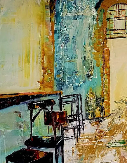 Detailaufnahme Le café – Lichtgefüllter Torbogen, haptische Spachteltextur, Roger Ziereisen | Kunst-Direkt.de
