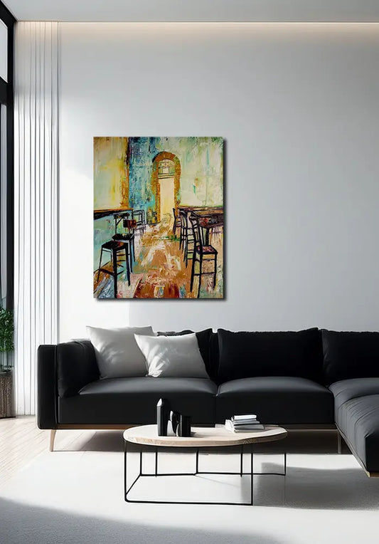 Le café von Roger Ziereisen an der Wand – Architektonisches Ölgemälde, 80x100 cm, Öl auf Leinwand | Kunst-Direkt.de
