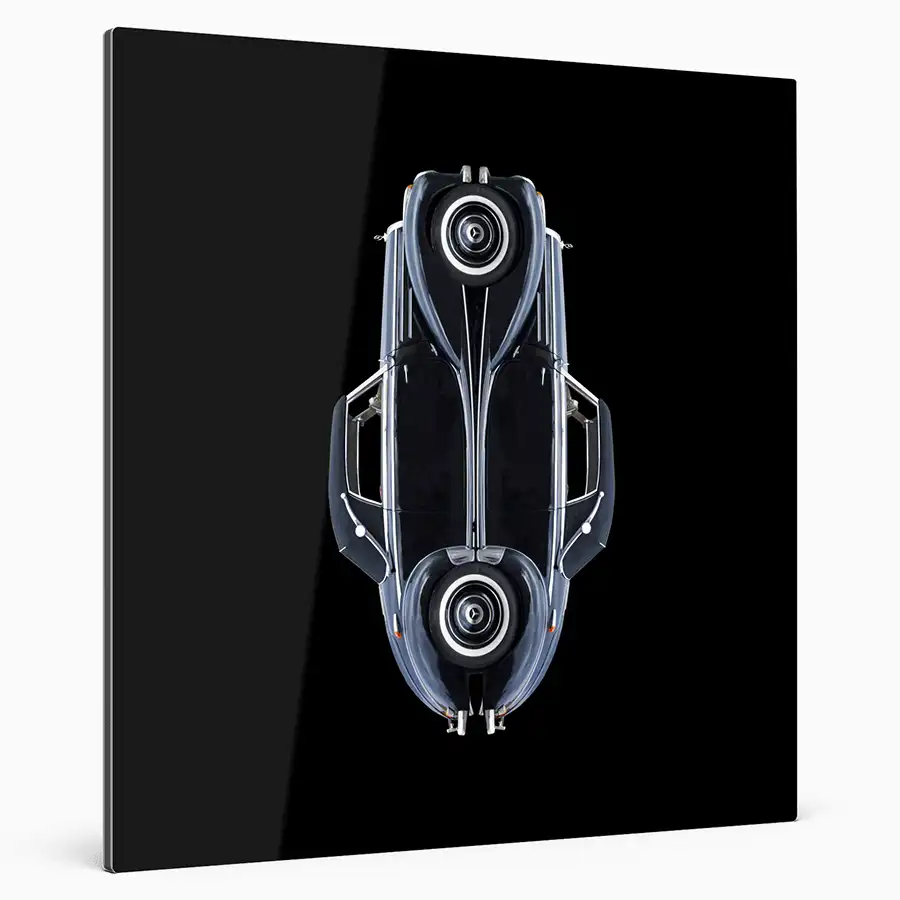 ein sc, hwarzes Mercedes Cabriolet, oldtimer, schwarzer Hintergrund, verchromte Linien, quadratisch, an weißer Wand hängend