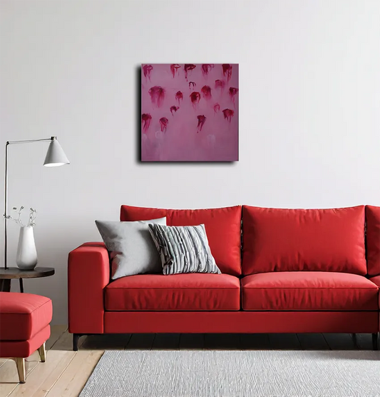 acrylgemälde, 80 x 80 cm, kleine rote Quallen schweben im Wasser, hängend, Marion Schmidtke, Kunst-Direkt.de