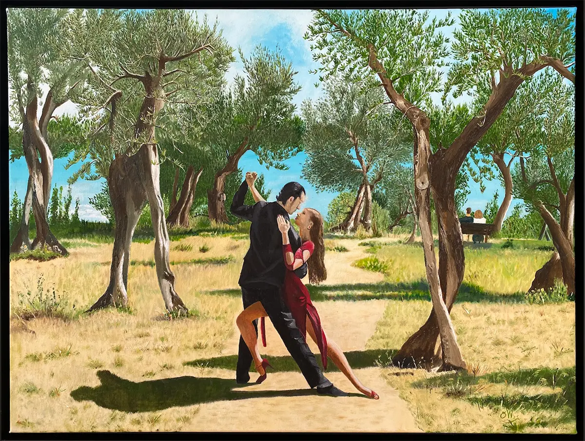 Ögemälde, Ein Paar tanz in einem Olivenhain Tango, dramatische Schatten, helles Licht, 60x80 cm, Gerd Pfanstiel, Kunst-Direkt.de
