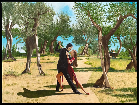 Ögemälde, Ein Paar tanz in einem Olivenhain Tango, dramatische Schatten, helles Licht, 60x80 cm, Gerd Pfanstiel, Kunst-Direkt.de