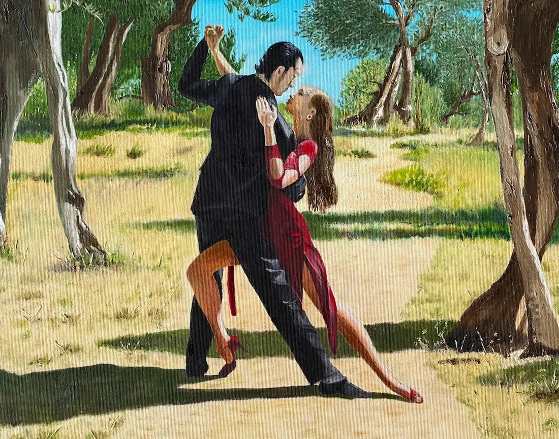 Ögemälde, Ein Paar tanz in einem Olivenhain Tango, dramatische Schatten, helles Licht, 60x80 cm, Detail der Tänzer, Gerd Pfanstiel, Kunst-Direkt.de
