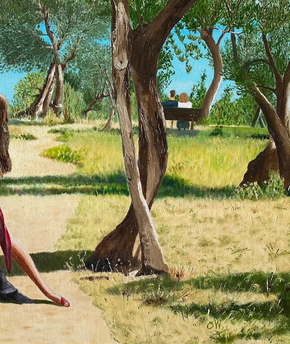 Ögemälde, Ein Paar tanz in einem Olivenhain Tango, dramatische Schatten, helles Licht, 60x80 cm, Details Bäume, Gerd Pfanstiel, Kunst-Direkt.de