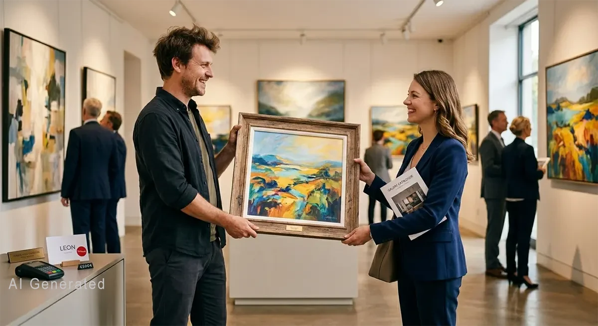 Eine Kundin hat bei  einem künstler ein Bild gekauft, beide stehen in einer galerie, das Bild hat einen dunklen Holzrahmen und  zeigt  eine  abstrakte  Landschaft. Kunst-Direkt.de und Newart.gallery. 
