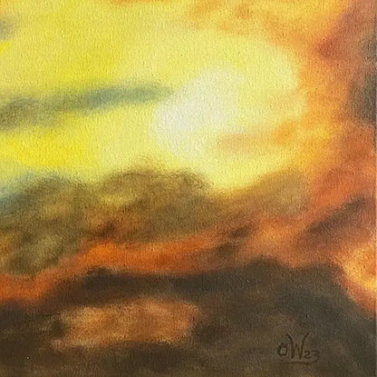 ein vielfarbiger Himmel bei sonnenuntergang, leuchtende Farben, gelb, orange, violett, 50x70 cm, detail sonne, Gerd Pfanstiel, Kunst-Direkt.de