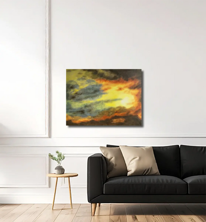 ein vielfarbiger Himmel bei sonnenuntergang, leuchtende Farben, gelb, orange, violett, 50x70 cm, an Wand hängend, Gerd Pfanstiel, Kunst-Direkt.de