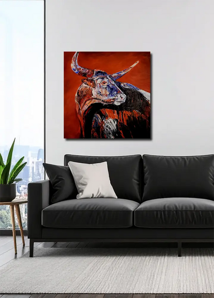 Taurus IV von Roger Ziereisen an der Wand – Expressives Tiergemälde, 90x90 cm, Öl auf Leinwand | Kunst-Direkt.de
