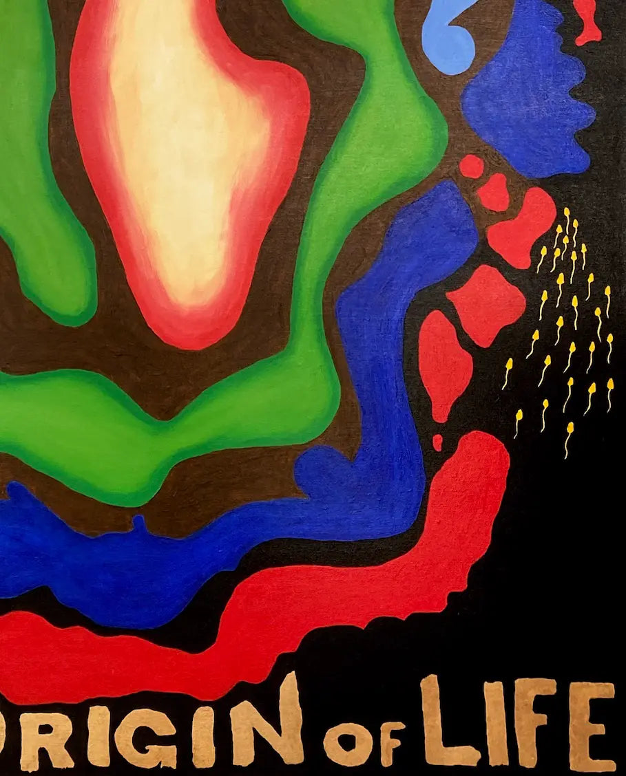 abstraktes Gemälde, konzentrische Strukturen um eine helle Mitte, rote, grüne, blaue und gelbe Strukturen, details farben, 120x80 cm, Gerd Pfanstiel, Kunst-Direkt.de