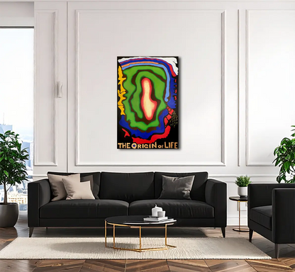 abstraktes Gemälde, konzentrische Strukturen um eine helle Mitte, an Wand hängend, rote, grüne, blaue und gelbe Strukturen, 120x80 cm, Gerd Pfanstiel, Kunst-Direkt.de