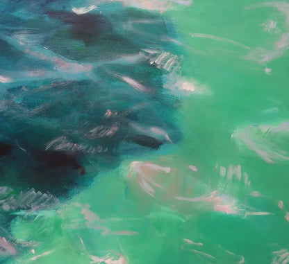 Acrylgemälde, 120 x 160 cm, schemenhaft schwimmt ein Wal im grünen Wasser,  detail wasser, grün und hellblau, Marion Schmidtke, Kunst-Direkt.de
