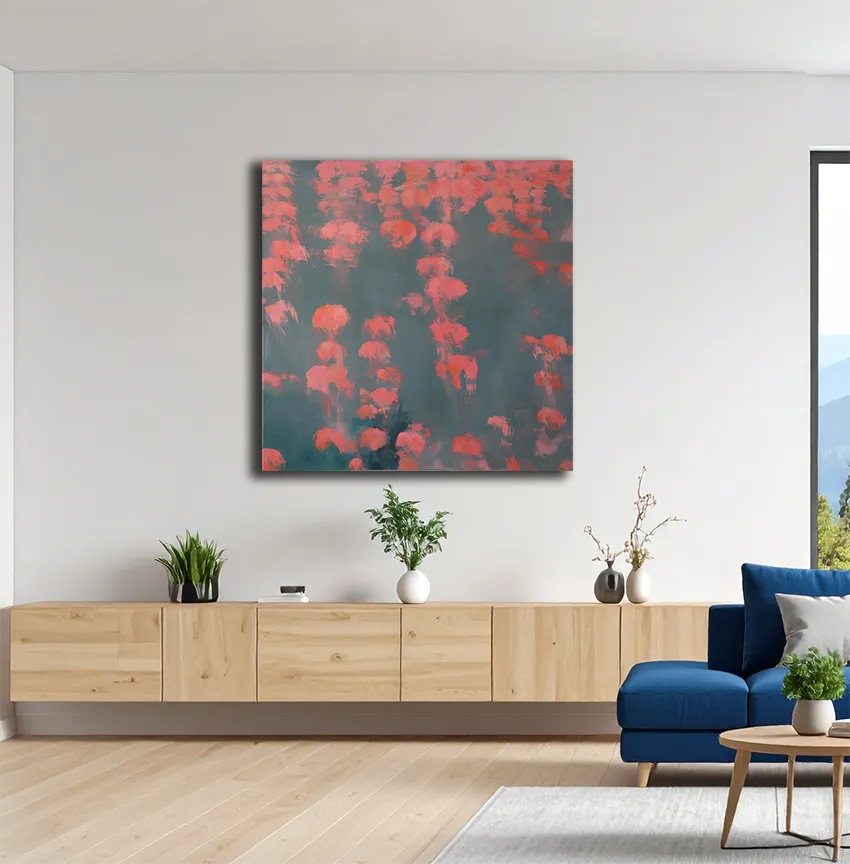 Acrylgemälde, 120 x 120 cm, Kleine rote Quallen im Wasser schwebend, grau und dunkelrosa, an wand hängend, Marion Schmidtke, Kunst-Direkt.de