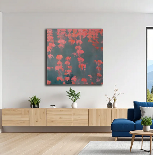 Acrylgemälde, 120 x 120 cm, Kleine rote Quallen im Wasser schwebend, grau und dunkelrosa, an wand hängend, Marion Schmidtke, Kunst-Direkt.de