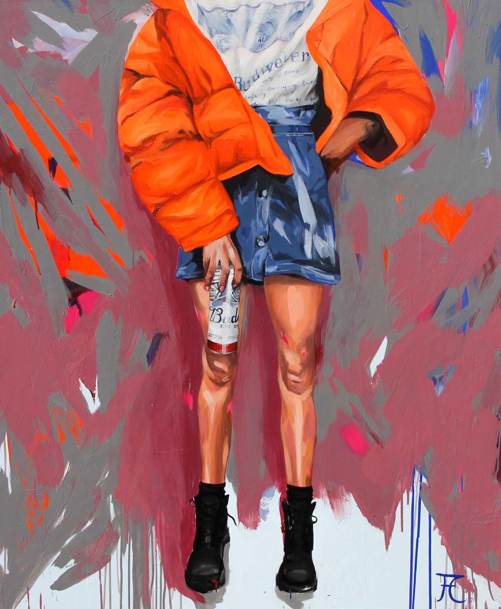 Fineart Print eines Gemäldes, Frau mit organener Jacke und Bierdose in der Hand vor abstraktem Hintergrund, 100 x 75 cm, aileen clausager, Kunst-Direkt.de