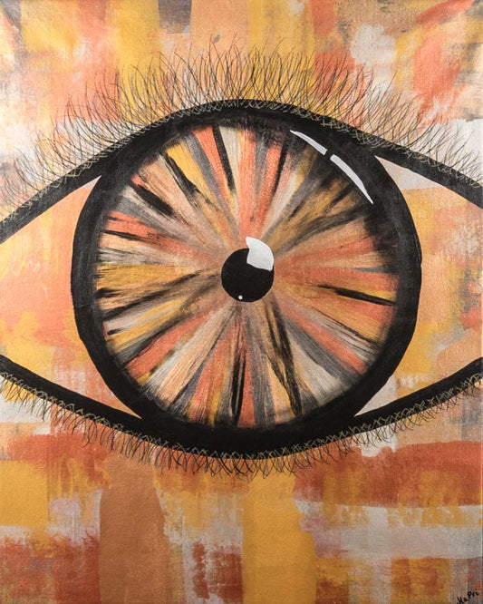 ein abstrakte auge auf kariertem Hintergrund, hochformat, ocker-baun-beige