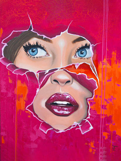 ein Portrait schaut durch gerissenes Papier, gemalt, rot und orange, 100x75cmm Aileen Clausager, Kunst-Direkt.de