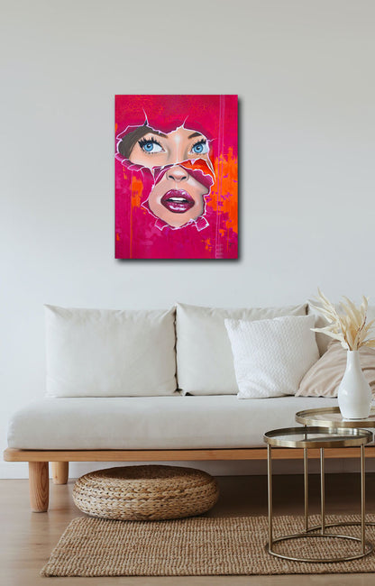 ein Portrait schaut durch gerissenes Papier, gemalt, rot und orange, 100x75cmm Aileen Clausager, im Wohnraum, Kunst-Direkt.de
