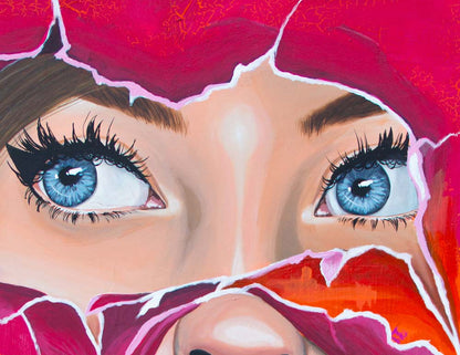ein Portrait schaut durch gerissenes Papier, gemalt, rot und orange, 100x75cmm Aileen Clausager, Detail der Augen, Kunst-Direkt.de