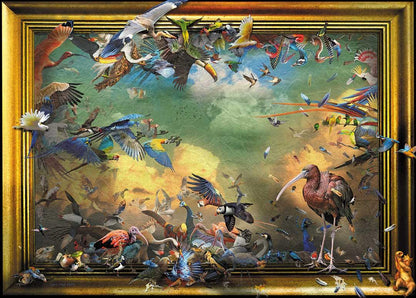 fineart Print, viele Phantasievolle Vögel, sitzend und fliegend, Wolken, Goldener Rahmen,  185 x 125 cm, Gero Paul, Kunst-Direkt.de