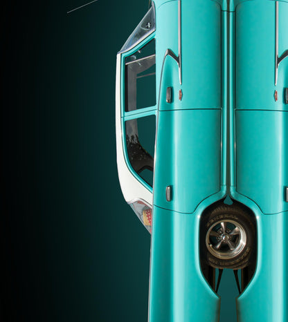 Chrysler Newport, grün, gegeneinander gespiegelt vor scharzem Hintergrund, Format quadratisch, Rolf Krieger, Detail, verschiedene Größen, Kunst-Direkt.de