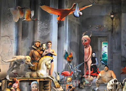 Fineart Print von Gero Paul, phantasievolle historische Figuren in einem Palast, Vögel, 190x127 cm, Kunst-Direkt.de, details Figuren