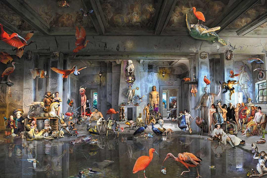 Fineart Print von Gero Paul, phantasievolle historische Figuren in einem Palast, Vögel, 190x127 cm, Kunst-Direkt.de