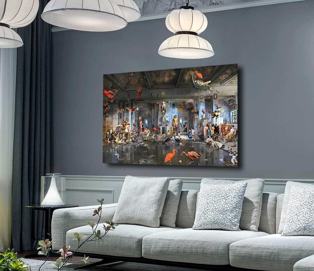 Fineart Print von Gero Paul, phantasievolle historische Figuren in einem Palast, Vögel, 190x127 cm, Kunst-Direkt.de, in Wohnraum hängend