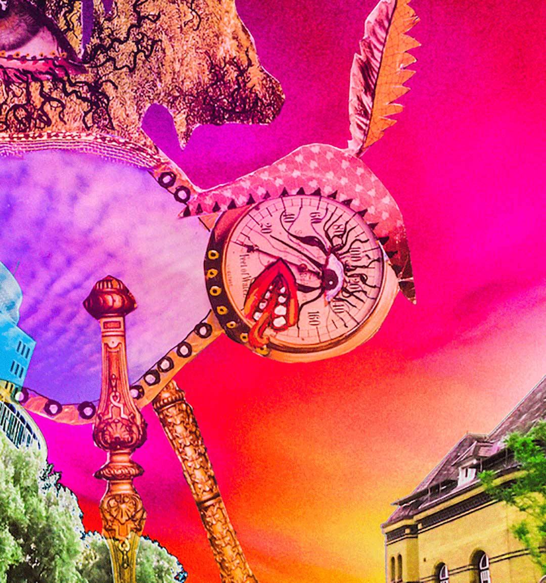 Digitales farbiges Werk, ein Phantasiewesen läuft durch Hamburg, roter Himmel, digital verfremdet, Claudia Tejeda, 120x80cm, Details des Werkes, Kunst-Direkt.de