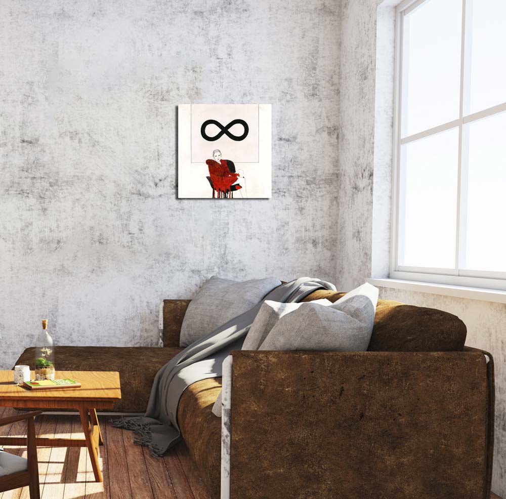 Zeichnung einer Frau in einem Sessel vor dem Bild einer gekippten 8, an heller Wand hängend, Kunst-Direkt.de