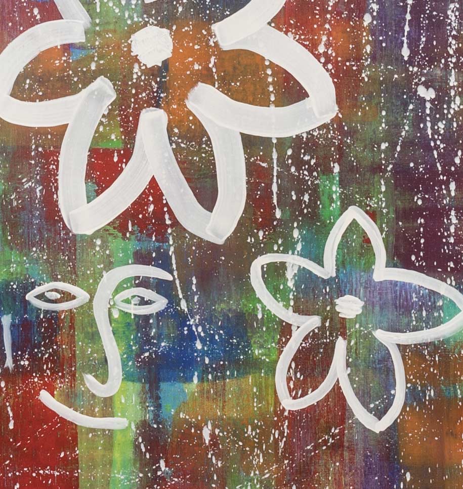 abstraktes Gemälde von Mareike Prikling, ein Gesicht, Farbfelder, Blüen. Details struktur. Kunst-Direkt.de