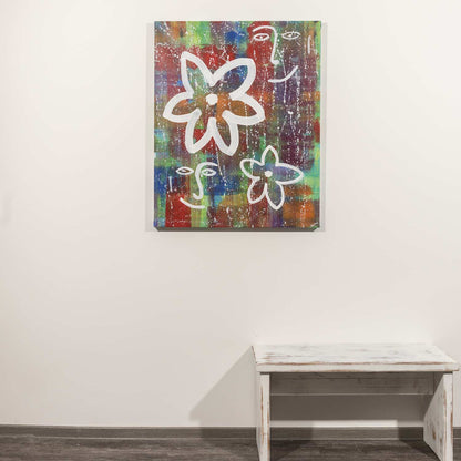 abstraktes Gemälde von Mareike Prikling, ein Gesicht, Farbfelder, Blüen. an Wand hängend. Kunst-Direkt.de