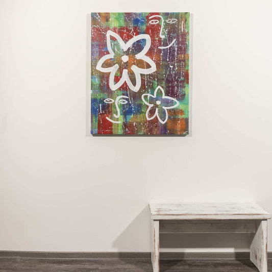 abstraktes Gemälde von Mareike Prikling, ein Gesicht, Farbfelder, Blüen. an Wand hängend. Kunst-Direkt.de