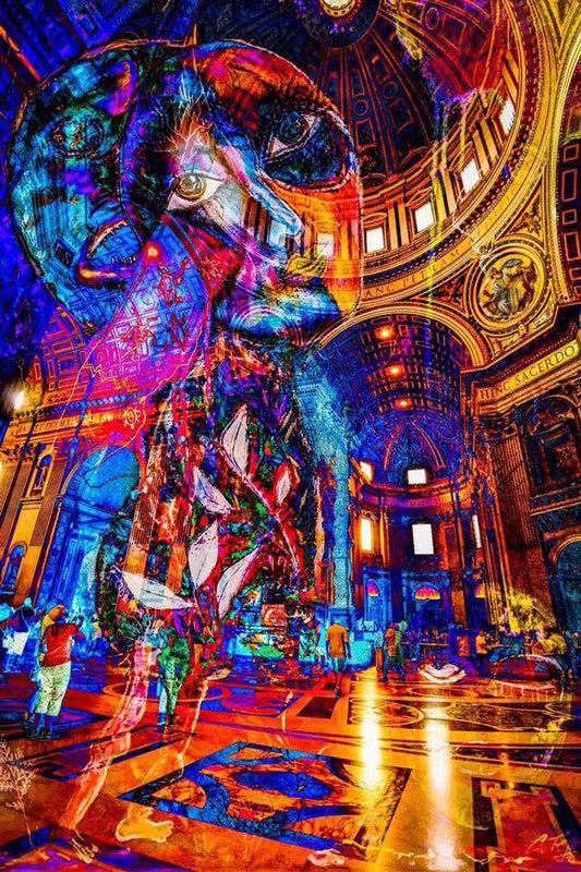 Digitales Kunstwerk von Claudia Tejeda, Überblendungen hoher Räume, farbig, 90x60cm, Kunst-Direkt.de