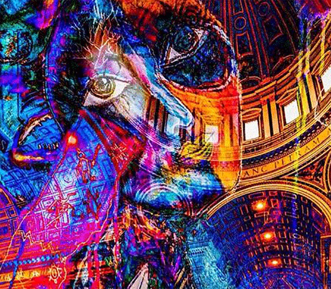 Digitales Kunstwerk von Claudia Tejeda, Überblendungen hoher Räume, farbig, 90x60cm, Kunst-Direkt.de, Details des Fotos