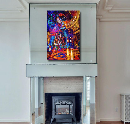 Digitales Kunstwerk von Claudia Tejeda, Überblendungen hoher Räume, farbig, 90x60cm, Kunst-Direkt.de, an Wand hängend