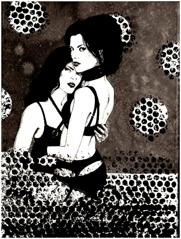 2 Frauen vor abstraktem Hintergrund, Farben scharz und braun, 30x40cm, Sherin P. Spielmann, Kunst-Direkt.de