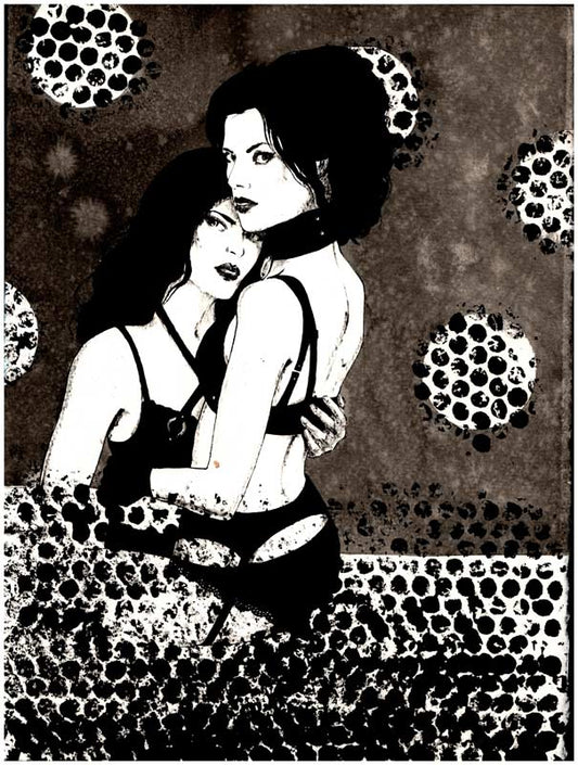2 Frauen vor abstraktem Hintergrund, Farben scharz und braun, 30x40cm, Sherin P. Spielmann, Kunst-Direkt.de