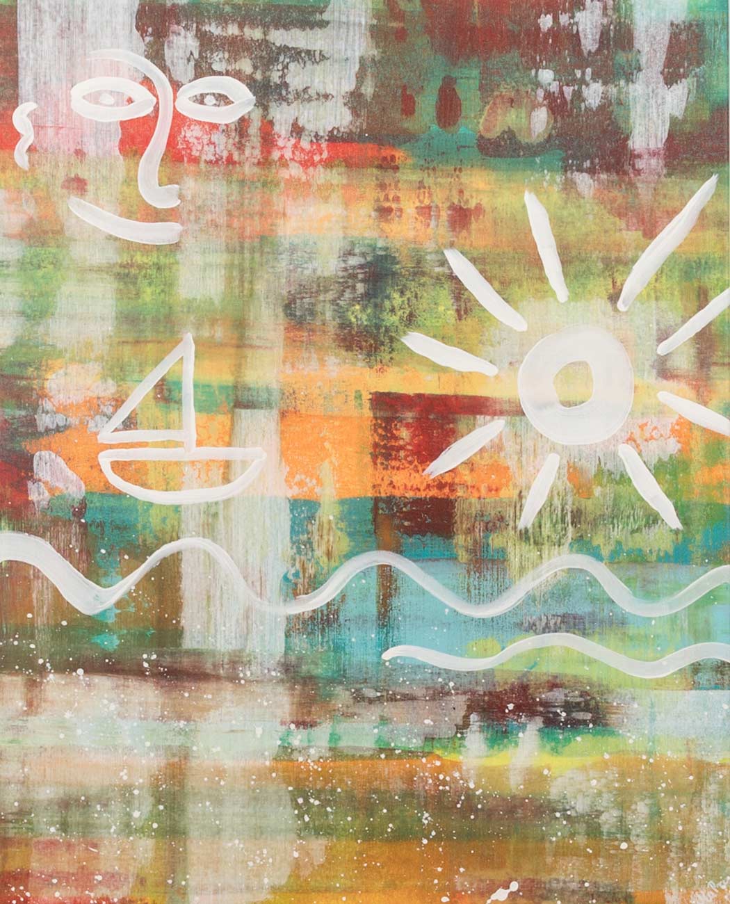 abstraktes und positives Gemälde mit horizontalen Linen und sybolen für Sonne und Wellen