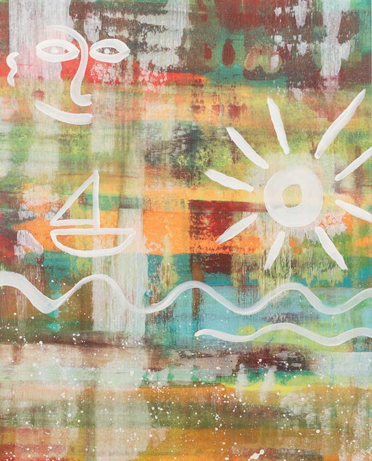 abstraktes und positives Gemälde mit horizontalen Linen und sybolen für Sonne und Wellen