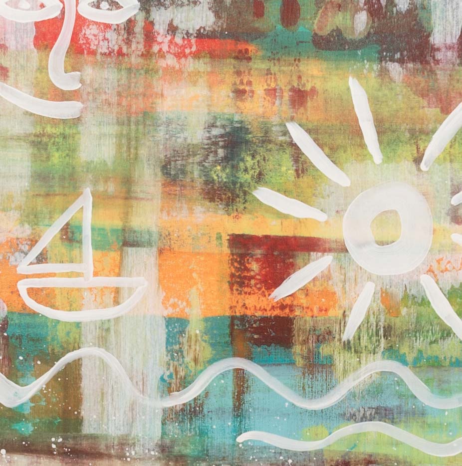abstraktes und positives Gemälde mit horizontalen Linen und sybolen für Sonne und Wellen, Details der Wellen