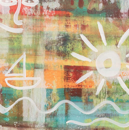 abstraktes und positives Gemälde mit horizontalen Linen und sybolen für Sonne und Wellen, Details der Wellen