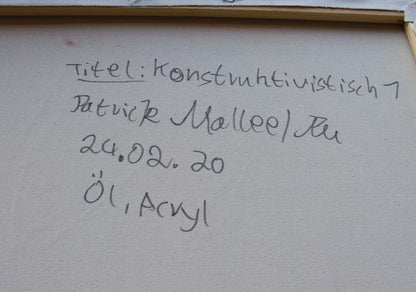 Die Rückseite des Bildes mit dem Titel und der Signatur des Künstlers