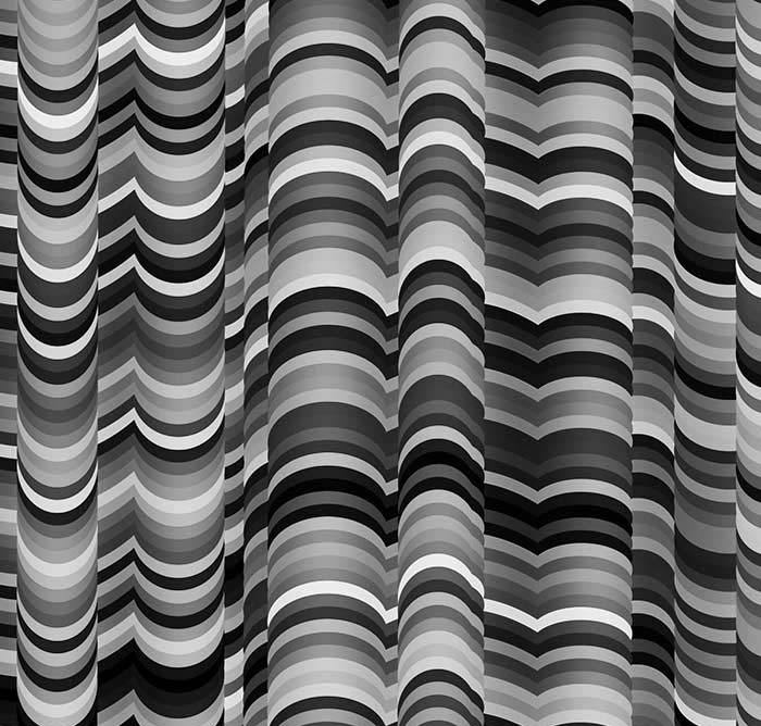 Geometrische Muster in  schwarz Weiß mäandern über das Kunstwerk, scheinbar in Bewegung, Detailansicht