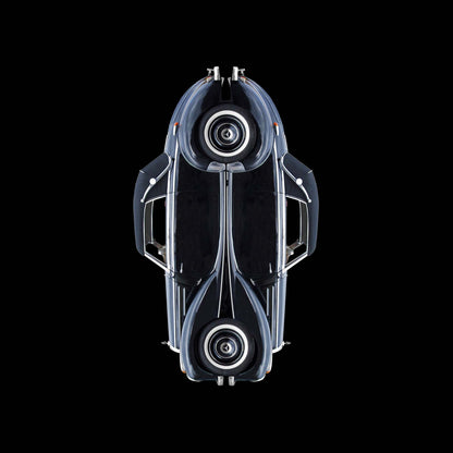 ein schwarzes Mercedes Cabriolet, oldtimer, schwarzer Hintergrund, verchromte Linien, quadratisch, hochkant