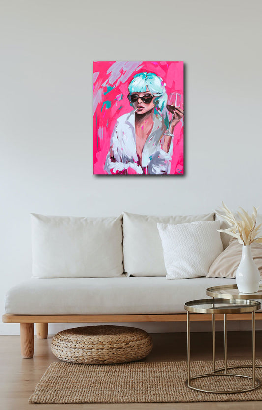 Frau mit Weinglas,  Aileen Clausager, Fineart Print, 100 x 75 cm, an Wand hängend, Kunst-Direkt.de