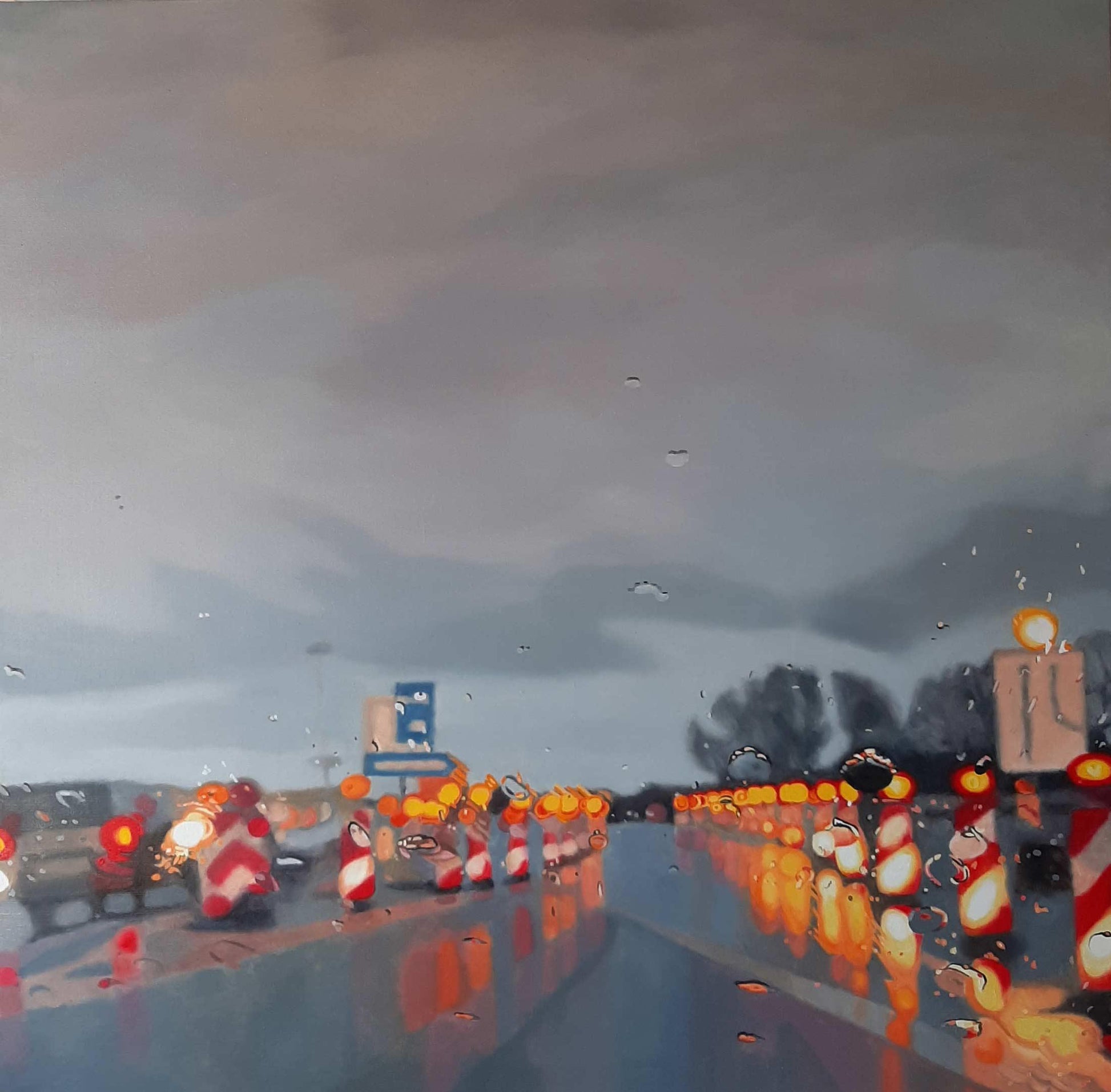 Ölgemälde, Autobahn im Regen, Hamburg Stellingen, Ulla Kutter, 100 x 100 cm, Kunst-Direkt.de