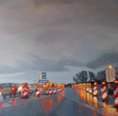 Ölgemälde, Autobahn im Regen, Hamburg Stellingen, Ulla Kutter, 100 x 100 cm, Kunst-Direkt.de