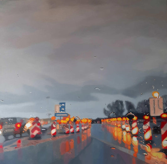 Ölgemälde, Autobahn im Regen, Hamburg Stellingen, Ulla Kutter, 100 x 100 cm, Kunst-Direkt.de