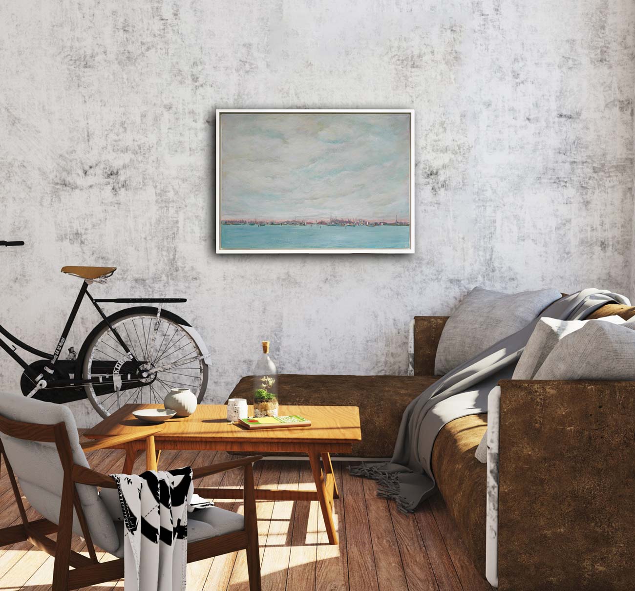 Hafenbild, segelschiffe und Häuser am Horizont, viel Himmel und Wasser, an Wand hängend mit Sofa