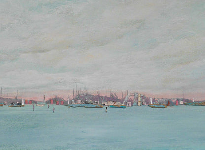 Hafenbild, segelschiffe und Häuser am Horizont, viel Himmel und Wasser, Detailansicht Schiffe und Häuser